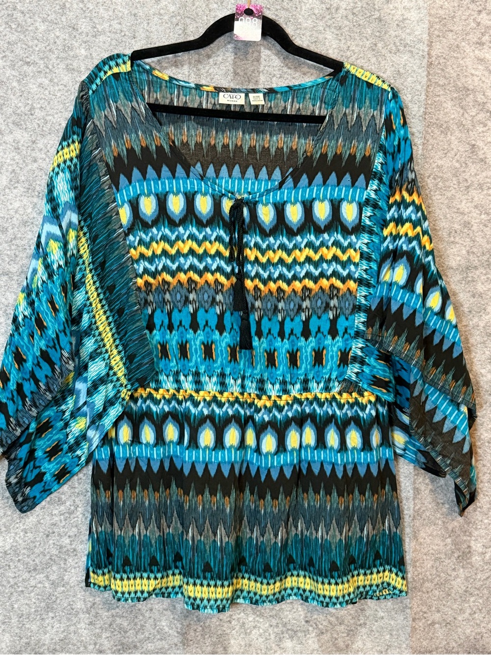 Cato Woman 18/20W Boho Ikat Print Kimono Sleeve Tunic Top Blue